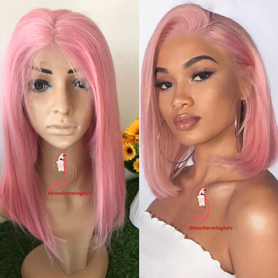 

pink Bob Human Hair Wigs Silky Straight Brazilian hair Lace Front Bob Wigs pink hair color
