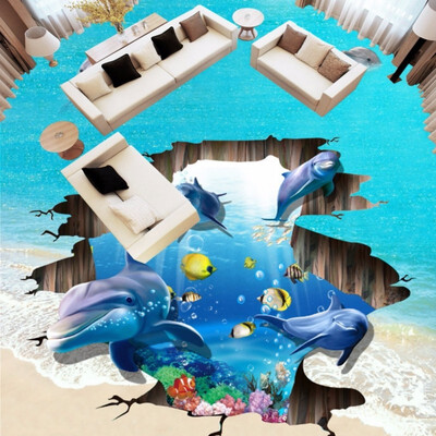 

Free Shipping 3D stunning underwater world dolphin paste floor wear bathroom living room bedroom lobby flooring mural 250cmx200cm