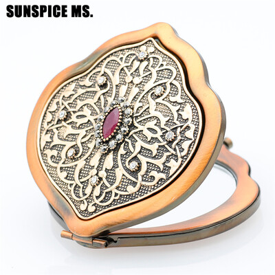 

Ethnic Turkish Women Retro Crystal Flowers Metal Portable Makeup Mirror Vintage Cosmetic Mirror Antique Gold Color Body Jewelry