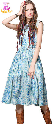 

S M L chest 83-91cm cotton new summer 2018 vintage blue print long dress women sleeveless maxi elegant denim mid calf a line