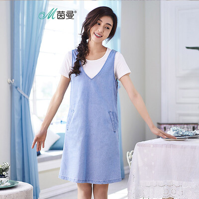 

INMAN 2018 summer dress new front&rear V-neck literary fan short-sleeved T-shirt dress set two-piece female 1882105765 denim blue