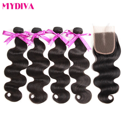 

Mydiva Brazilian Body Wave Human Hair 4 Bundle With Closure Middle Part Hair Weave Bundles With Lace Closure 5pcs/lot Non Remy