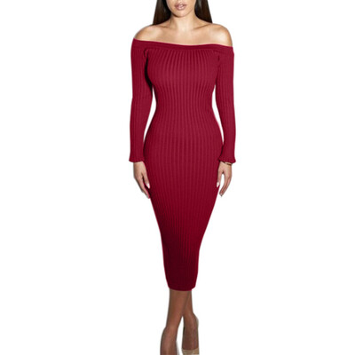 

Fashion Long Sleeve Off Shoulder Slash Neck Sexy Club Women Dress Slim Bodycon Knitted Sweater Knee-Length Party Night Dresses