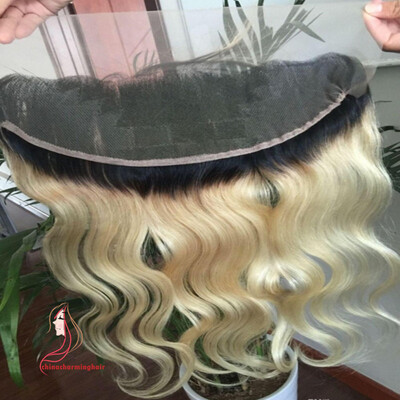 

10A Grade Virgin Brazilian Blonde Ombre Hair Lace Frontal Closure 13x4 Bleached Knots 1B613 Dark Roots Ombre Body Wave Full Lace