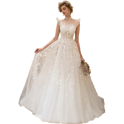 

Simple Plus Size High Collar Embroidery Lace A Line Wedding Gown