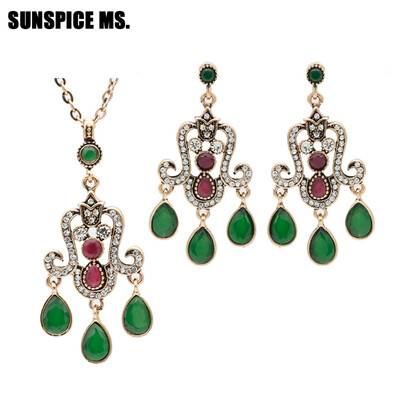 

Elegent Turkish Women Long Flower Necklace Earring Jewelry Sets Antique Gold Color Resin Ethnic Jewelry Indian Vintage Bijoux