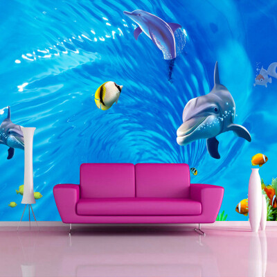 

Custom 3D Mural Wallpaper For Walls 3D Non-woven Wall Mural Cartoon Dolphin Ocean Swirl Wall Paper Kids' Room TV Contact Paper
