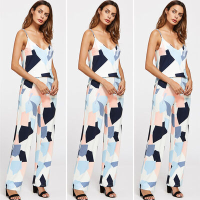 

Women Printed Deep V Neck Full Length Top Pants Casual Two Piece Oversuit Set