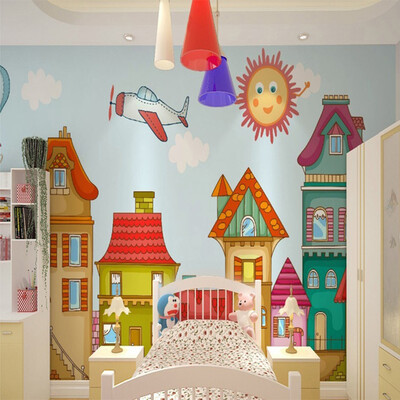 

Пользовательские 3D Mural обои Мультфильм Стиль для детей Мультфильм Дом Самолет Pattern Настенная роспись Детская комната Стены Декор Обои
