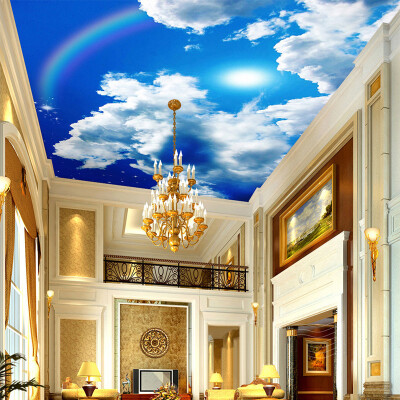 

Custom Large Ceiling Mural Wallpaper Blue Sky And White Clouds Rainbow Nature Landscape Ceiling Murals Restaurant Home Decor 3D