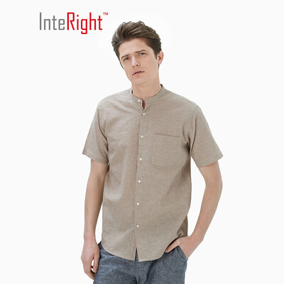 

INTERIGHT Short Sleeve Shirt Mens Cotton Blend Casual Stand Collar Shirt Deep Khaki XXL