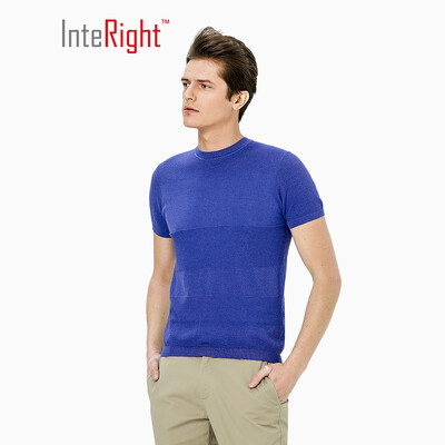 

INTERIGHT Round Collar Dark Jacquard Mens Business T-Shirt Navy Blue L