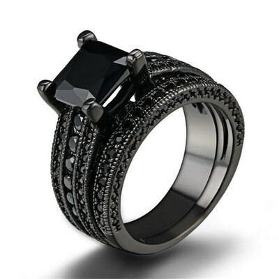 

Black Gold Color Plated Ring Sets Black AAA CZ Diamond Square Princess Cut Stone Rings Full Size Fashion Jewelry R629