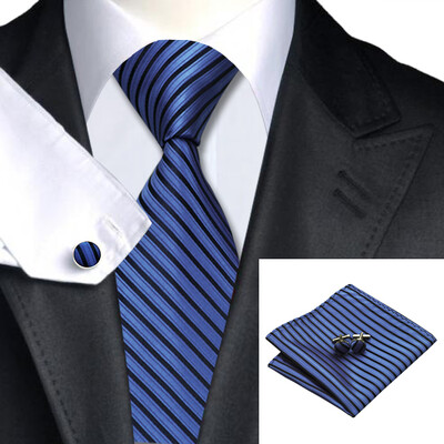 

N-0230 Vogue Men Silk Tie Set Blue Black Stripe Necktie Handkerchief Cufflinks Set Ties For Men Formal Wedding Business whole