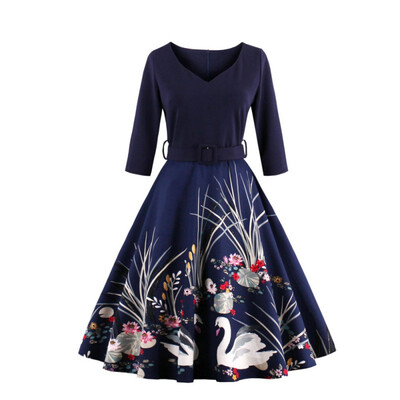 

элегантный красный лебедь печати 50s Винтаж платье V Средства ухода за кожей Шеи 3/4 рукавами Высокая Талия Ремни партии Платья