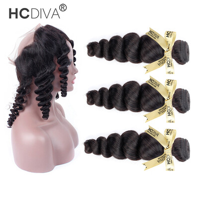 

HCDIVA Pre-colored 360 Lace Frontal With Bundles Remy Brazilian Hair Loose Wave Closure Human Hair Weave 3 Bundles Free Shipping
