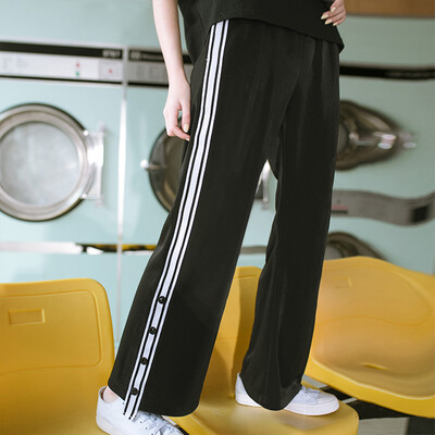 

PASS tide brand spring wide leg pants female side stripe trousers split sweat pants loose silk casual pants 6811921072 black