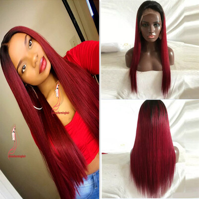 

Silky Straight ombre burgundy Color Lace Wig With Baby Hair 1B burgundy Ombre Human Hair Full Lace Wig Glueless Lace Front Wig Two