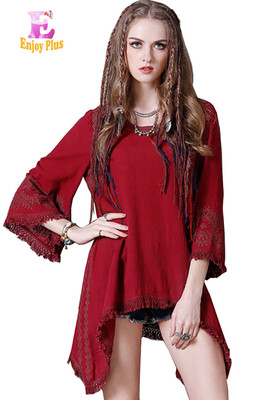 

L High Quality chest 96-100cm vintage cotton linen autumn 2017 red flare long sleeve women blouse tops embroidery casual lady