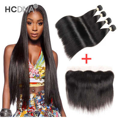 

4 Bundle Straight Hair with Pre Plucked Lace Frontal Closure Indian Unprocessed Virgin Human Hair Weft with Closure Natural Black