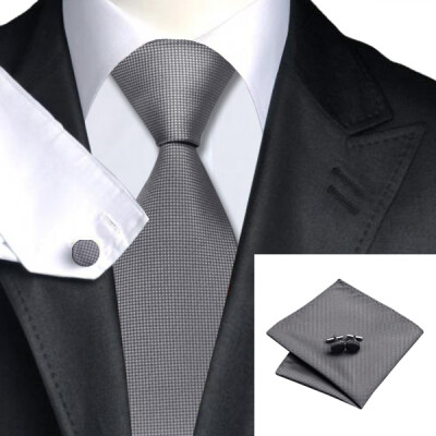 

N-0386 Vogue Men Silk Tie Set Gray Solid Necktie Handkerchief Cufflinks Set Ties For Men Formal Wedding Business wholesale