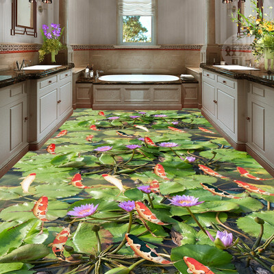 

Free Shipping flower carp lotus leaf 3d floor painting bedroom kitchen restaurant bathroom flooring wallpaper mural 250cmx200cm