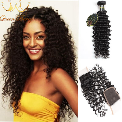 

Peruvian Deep Wave Lace Closure With Bundles 4 Bundles Unprocessed Virgin Hair Deep Wave With Closure 7a Queen Berry Virgin Hair