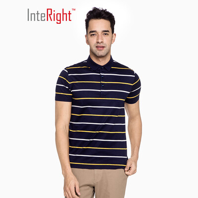 

INTERIGHT 10 silk crossbar mens business polo shirt dark blue yellow strip XL