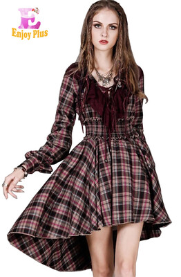 

M L High Quality chest 96 -100cm vintage cotton new autumn 2017 plaid dress women long sleeve front short back long v neck lady