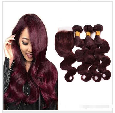 

9A Brazilian Peruvian Wine Red Hair With Closure 4Pcs Lot 99J Two Tone Brazilian Hair Weave Bundles With Body Wave 4x4 Lace Closur