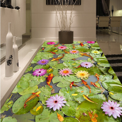 

Free Shipping 3d pond carp lotus Chinese style flooring painting store hotel decoration self-adhesive floor mural 250cmx200cm