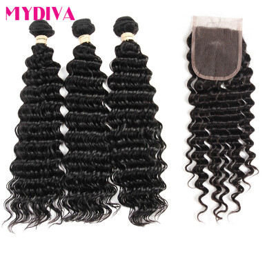 

Mydiva 7A Deep Wave 3 Bundles with Closure Virgin Brazilian Hair Deep Wave with Closure Curly Human Hair Extensions