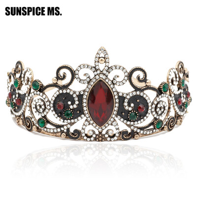 

Vintage Ancient Princess Crown Women Tiaras Red Resin Flower Hair Jewelry Antique Gold Crystal Vines Ethnic Miss Beauty Crown