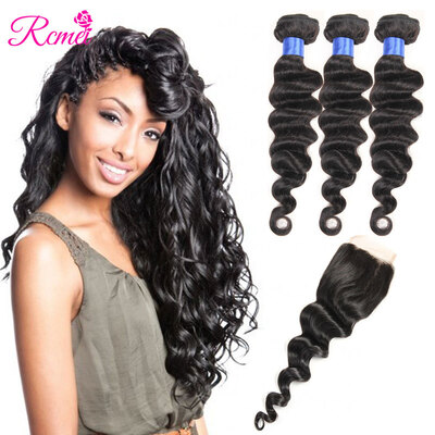 

Rcmei Hair 8A grade Brazilian Loose Wave 3 Bundles With Closure Virgin Human Hair Bundles With Closure Free Part