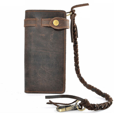 

Vintage Handmade Genuine Leather Wallet Fashion Men Long Purse Card Holder Bag Real Cowhide Waxed Leather Wallet With Woven Rope Clutch Bag