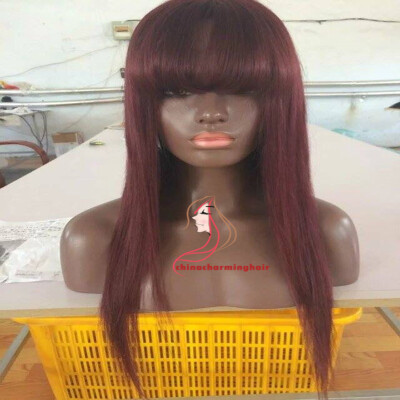 

99j Straight Glueless Brazilian Full Lace Human Hair Wigs With Bangs Remy Hair For Black Woman 130% Density