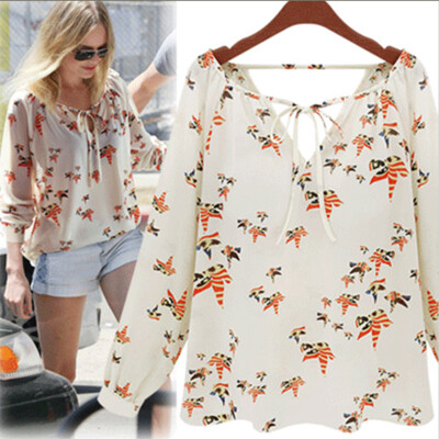 

Summer Sexy printing Blouse Longsleeve Color flying pigeon printed pattern V-neck long-sleeved chiffon shirt L23