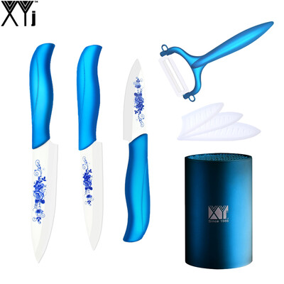 

5 Piece Set XYJ Brand Zirconia Ceramic Knife Fruit Utility Slicing Pattern Blade Kitchen Knives Sharp Peeler + Blue Knife Holder
