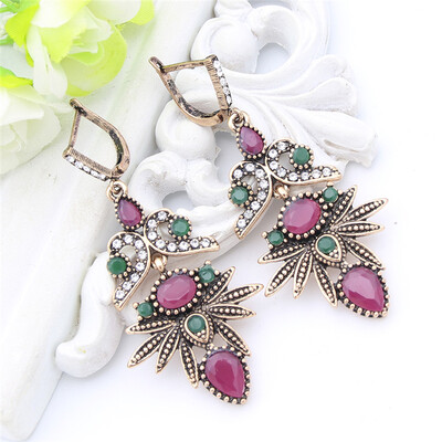 

Арабеск Vintage Women Flower Long Hook Earring Swinging Pendant Resin Crystal Palm Jewelry Античное золото Цвет Bohemia Bridal