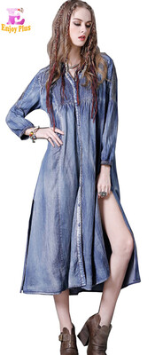 

M High Quality chest 88-96 cm vintage cotton autumn 2017 long dress women long sleeve blue jeans denim casual mid calf