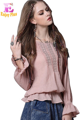 

M L High Quality chest 97-101cm vintage cotton new autumn 2017 pink white long sleeve women blouse shirt with embroidery elegant