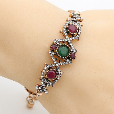 

Fashion Ehnic Turkish Women Resin Slide Bracelet Antique Gold Color Hollow Geometric Type Chain Bracelet Bridal Wedding Jewelry