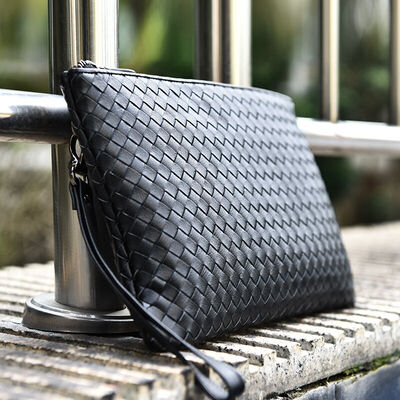 

POLO mens large-capacity leather bag top layer leather envelope bag woven leather clutch bag 031051 black