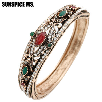 

New Style Turkish Vintage Flower Bangle Cuff For Women Banquet Jewelry Antique Gold Color Resin Fine Bracelet Retro Bijoux Gift