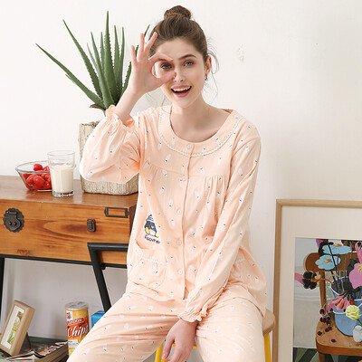 

Red bean home ladies pajamas spring&summer cotton long-sleeved cartoon printed cardigan home service suit 108 shrimp red 17596A