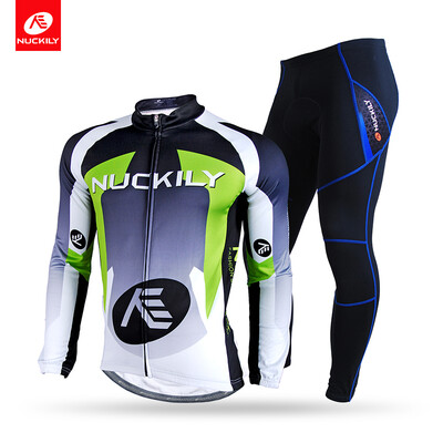 

NUCKILY Winter Cycling Set Mens Polyester Mid-weight Thermal Fleece Cycle Jersey With Foam Pad Tights Set