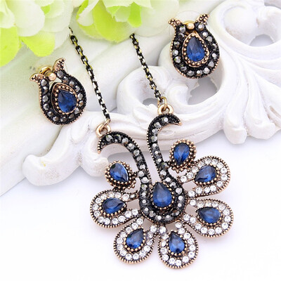 

Vintage Turkish Peacock Jewelry Sets For Women Antique Gold Color Resin Earrings Rhinestone Long Necklace India Bridal Jewelry