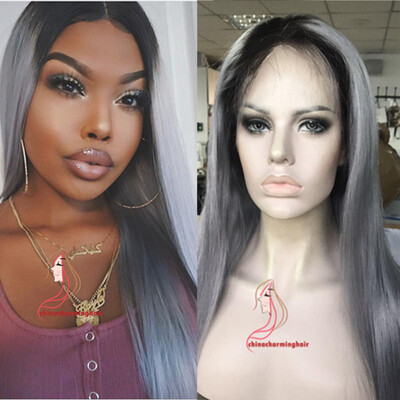 

Hair Straight Ombre Color Wig 1B/Grey Full Lace Human Hair Wig with Dark Black Roots 100% Brazilian Remy Hair Wigs