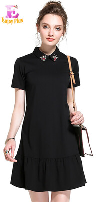 

M - 5XL плюс размер офис новый летний 2018 черный платье женщин большой размер короткий рукав линия элегантная леди бисером