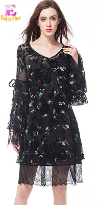 

L XL XXL 3XL 4XL 5XL plus size chiffon vintage new summer 2018 flower print black dress women plus size long sleeve midi lady